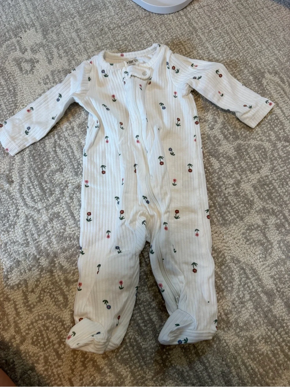 Carter's White Ribbed Floral Footed One-Piece